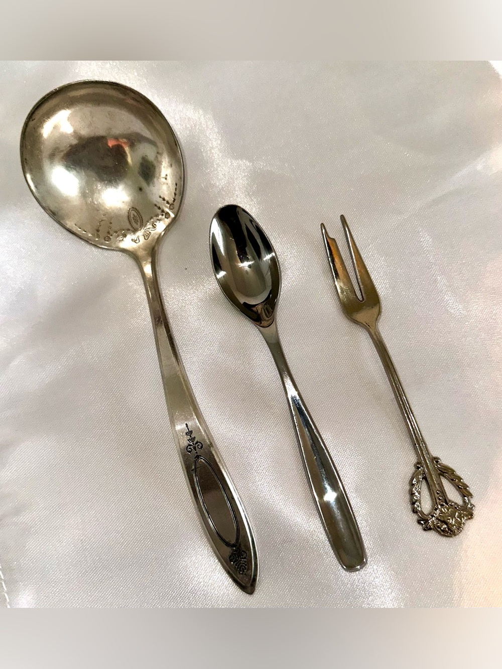 Vintage Mismatched 3-Piece Silver Flatware Bundle Serving Spoon & Fork Set